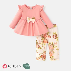 2pcs Baby Girl Solid Cotton Ruffle Trim Bow Front Long-sleeve Top and Floral Print Naiaâ¢ Pants Set