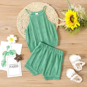 2pcs Baby Girl Solid Knitted Cami Top and Shorts Set #910178