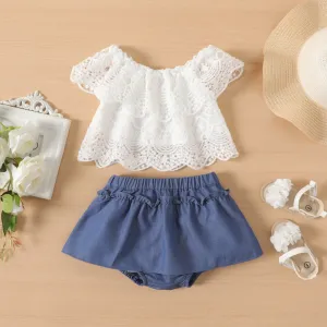2pcs Baby Girl Solid Off Shoulder Lace Top and Shorts Set #862443