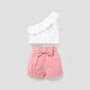 2pcs Baby Girl Solid One Shoulder Sleeveless Ruffle Top and Bloomers Shorts Set