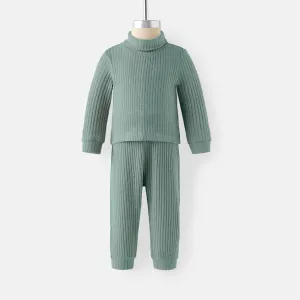 2pcs Baby Girl Solid Rib Knit Turtleneck Long-sleeve Set