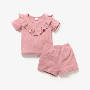 2pcs Baby Girl Solid Ribbed Ruffle Trim Short-sleeve Top & Shorts Set #776110
