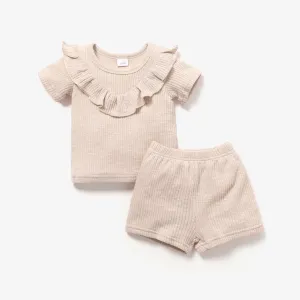 2pcs Baby Girl Solid Ribbed Ruffle Trim Short-sleeve Top & Shorts Set #776113