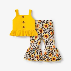 2pcs Baby Girl Solid Ruffle Hem Tank Top and Sunflower & Leopard Print Flared Pants Set #778422