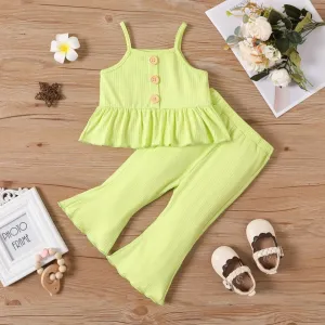 2pcs Baby Girl Solid Spaghetti Strap Peplum Top and Flared Pants Set