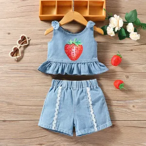 2pcs Baby Girl Strawberry Print Ruffled Denim Tank Top and Lace Trim Denim Shorts Set #1040869
