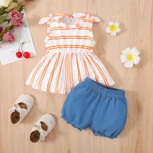 2pcs Baby Girl Stripe Knot Shoulder Tank Top and Solid Shorts Set #1034236