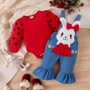2PCS Baby Girl Sweet Bunny Applique Embroidery Long Sleeve Denim  Set #1061692