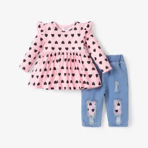 2pcs Baby Girl Sweet Heart-shaped Ruffled Long Sleeve Tshirt and Jean Set #1193703