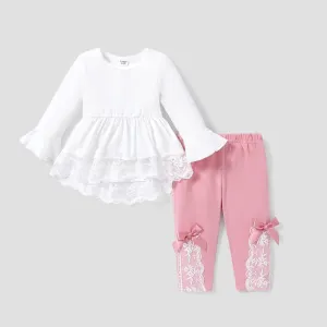 2pcs Baby Girl Sweet Lace Bowknot Long Sleeve Set #1081046