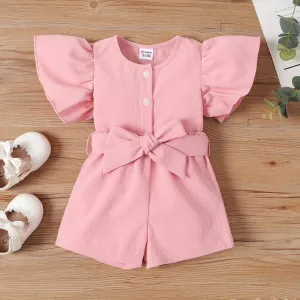 2pcs Baby Girl Texture Front Buttons Ruffle Solid Top and Belted Shorts Set #1041239
