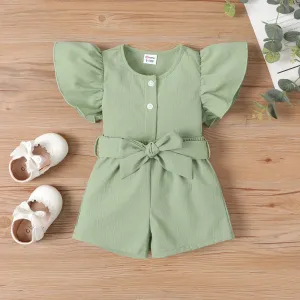 2pcs Baby Girl Texture Front Buttons Ruffle Solid Top and Belted Shorts Set