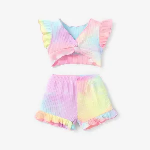 2pcs Baby Girl Tie Dye Twist Knot Front Flutter-sleeve Top and Ruffle Trim Shorts Set #1039081