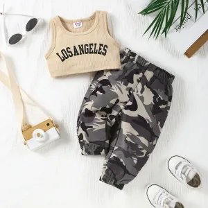 2pcs Baby Girl's Camouflage Sport Sleeveless Top and Pants Set #1324520
