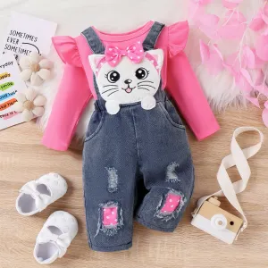 2pcs Baby Girls Ruffled Tshirt and 3D Cat Animal print Jeans Overall Set #1195673
