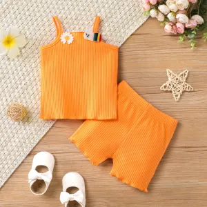 2pcs Baby Girl's Solid Color Casual Cotton Top and Shorts Set with Hanging Strap #1324285