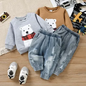 2pcs Baby Polar Bear Print Long-sleeve Sweatshirt and Ripped Denim Jeans Set #1103428