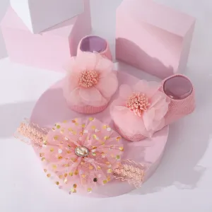 2pcs Baby Polka Dots Diamond Headband and Flower Shape Socks Set #1048681