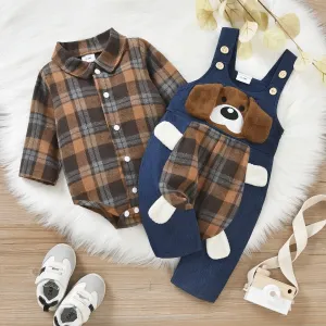 2pcs Baby Red Plaid Long-sleeve Shirt Romper and 100% Cotton Denim Overalls Set #194756