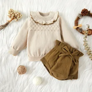 2pcs Baby Solid Long-sleeve Ruffle Knitted Sweater Pullover and Shorts Set #193114