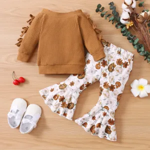 2pcs Baby Solid Ribbed Off Shoulder Bowknot Long-sleeve Top and Floral Print Bell Bottom Pants Set #195160