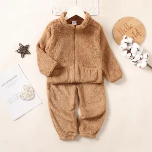 2PCS Baby/Toddler Boy/Girl Zipper Design Solid Coat/ Pant Set #1170572