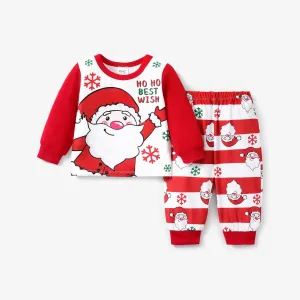 2pcs Baby/Toddler Girl/Boy Christmas Childlike Santa Claus Print Striped Pajamas #1213172