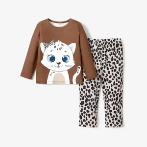 2pcs Baby/Toddler Girl Casual Cat Pattern Pajama Set #1319265
