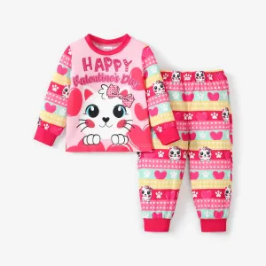 2pcs Baby/Toddler Girl Childlike Heart and Cat Pattern Pajama Set #1317795