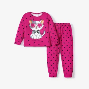 2pcs Baby/Toddler Girl Sweet Cat and Polka Dot Pattern Pajamas #1212745