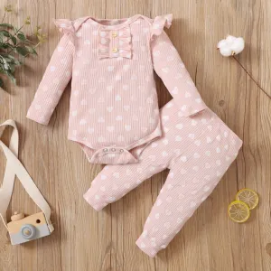 2pcs Cotton All Over Love Heart Print Baby Long-sleeve Ribbed Romper and Pants Set #193337