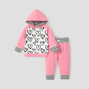 2pcs Heart and Striped Print Hooded Long-sleeve Pink Baby Set #189665