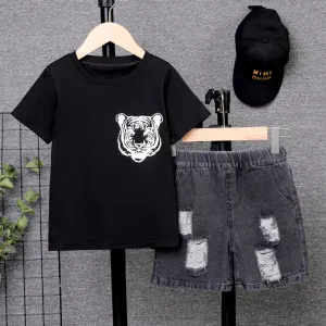 2pcs Kid Boy 100% Cotton Tiger Pattern Short-sleeve Tee and Pockets Ripped Denim Shorts Set #1043843