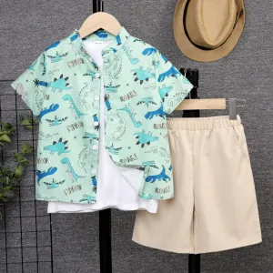 2pcs Kid Boy Allover Dinosaur Print Short-sleeve Shirt and Solid Shorts Set #1044568