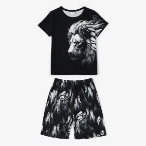 2pcs Kid Boy Animal Pattern Lion Avant-garde Regular Tee and Shorts Set #1331503