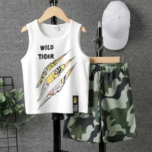 2pcs Kid Boy Animal Tiger Letter Print Tank Top and Camouflage Shorts Set #1040032