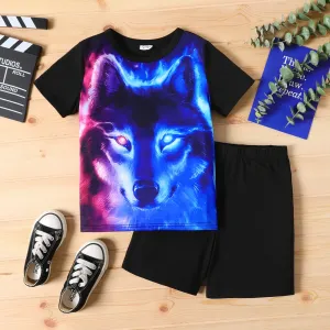 2pcs Kid Boy Animal Wolf Print Colorblock Short-sleeve Tee and Black Shorts Set #720328