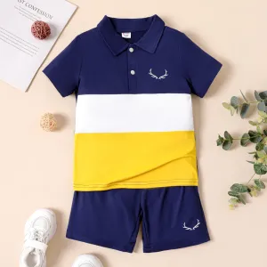 2pcs Kid Boy Antler Print Color Block Polo Neck Short-sleeve Tee and Shorts Set #1039846