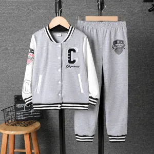 2pcs Kid Boy Buttons Front Letters Embroidery Varsity Jacket and Pants Set #1053053