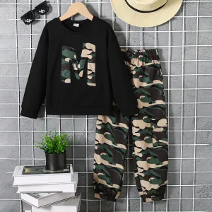 2pcs Kid Boy Camouflage Letter Embroidered Pullover and Camouflage Pants Set #1057893