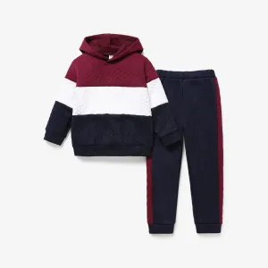2pcs Kid Boy Casual Fabric Stitching Solid Color Hooded Set #1212012