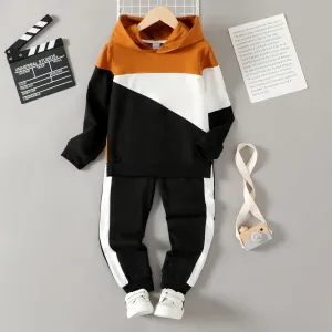 2pcs Kid Boy Colorblock Hoodie Sweatshirt and Elasticized Pants Set #210339