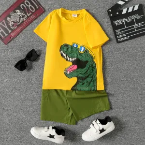 2pcs Kid Boy Dinosaur Print Short-sleeve Tee and Pocket Design Shorts Set #839888