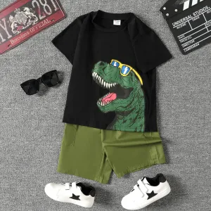 2pcs Kid Boy Dinosaur Print Short-sleeve Tee and Pocket Design Shorts Set #839895