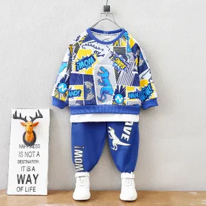 2pcs Kid Boy Faux-two Dinosaur Print Pullover Sweatshirt and Pants Set #209551