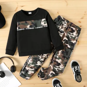 2pcs Kid Boy Letter Camouflage Print Pullover Sweatshirt and Pants Set #830237