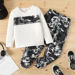 2pcs Kid Boy Letter Camouflage Print Pullover Sweatshirt and Pants Set #830241