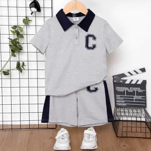 2pcs Kid Boy Letter Embroidered Colorblock Polo Neck Short-sleeve Top and Shorts Set #1044144