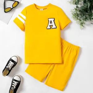 2pcs Kid Boy Letter Patched Striped Short-sleeve Top and Shorts Set #1044307