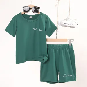 2pcs Kid Boy Letter Print Green Short-sleeve Tee and Shorts Set #1036032